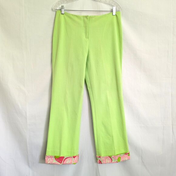 Lilly Pulitzer Green Stretch Pants Size 8 Floral Cuffs Stretchy 90's Retro - Picture 1 of 11